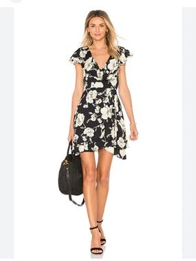 Free People French Quarter Printed Black & Cream Floral Wrap Mini Dress | M